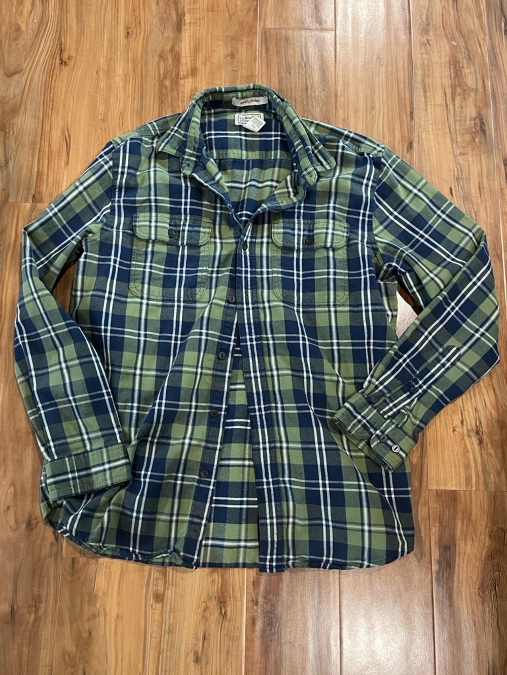 L.L. Bean Men’s Medium Green and Navy Plaid Button-Down Shirt